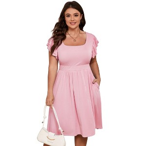 Plus Size Women's Double Sleeve Mini Dress with Pockets Ribbed Textured Casual Bodycon Outfit - 1 of 4