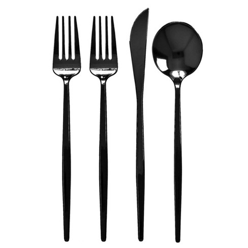 Empty Plate Cup Fork Spoon Knife Black Kitchen Utensils Set Stock Photo by  ©karandaev 319400556