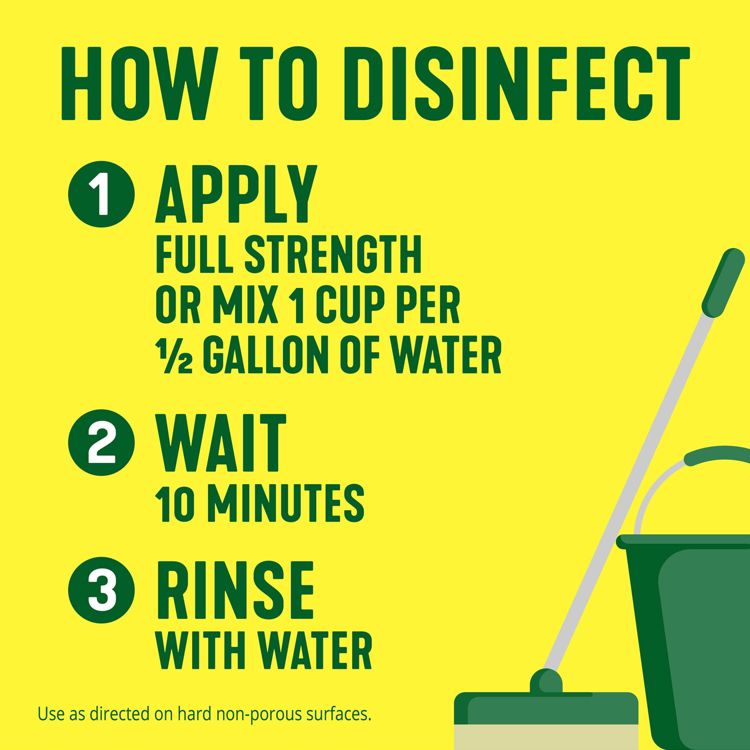 Instructions for disinfecting include applying full strength or mixing 1 cup per ½ gallon of water, waiting 10 minutes, and rinsing with water, with a mop and bucket illustration.