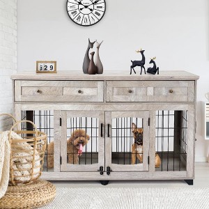 Large Dog Crate Furniture, Double Dog Kennel Furniture with 2 Drawers and Removable Divider, XXL Heavy Duty - 1 of 4
