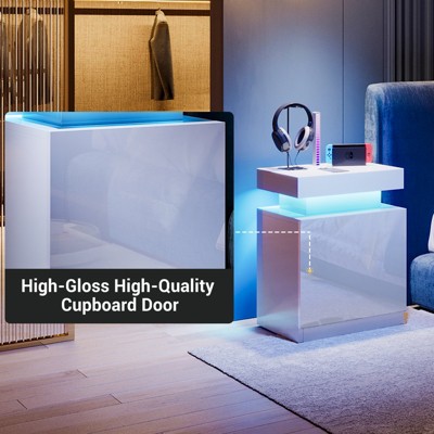 LED Nightstand with One Cabinet, Bedside Table with LED Lights, Modern End Side Table for Bedroom, White