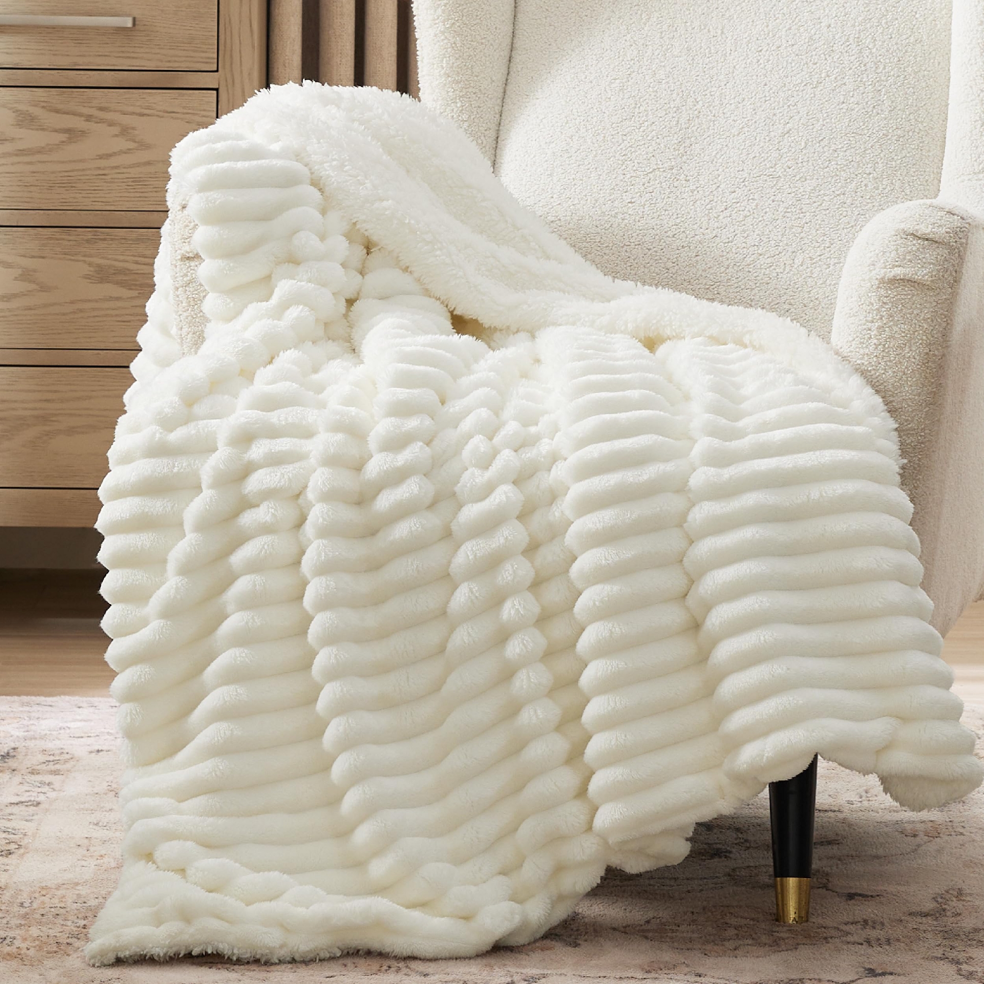 Bedsure White Throw Reversible Plush Fleece Blanket - GentleSoft Breathable Summer AC Soft Throw for Couch, 2-in-1 Soft & Lightweight, 50x60