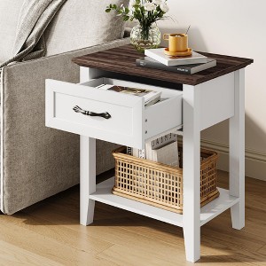 EcoSummer Side Table with Drawer, Wood Coffee Table, Square Nightstand with Open Shelf, 23.4'' Tall Sofa Table for Living Room, Bedroom, Office, White - 1 of 4