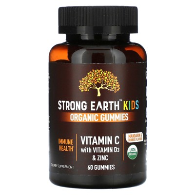 YumVs Strong Earth Kids Organic Gummies, Vitamin C with Vitamin D3 & Zinc, Mandarin & Orange, 60 Gummies