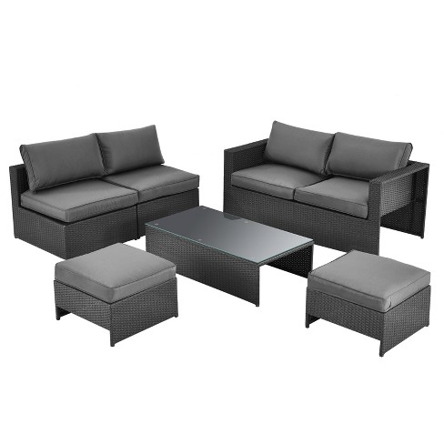 Rattan Patio Sofa Set, 6 Pieces Outdoor Sectional Furniture, All-Weather PE Rattan  Wicker Patio Conversation, Cushioned Sofa Set with 2 Coffee Tables &  Ottoman for Patio Garden Poolside Deck 