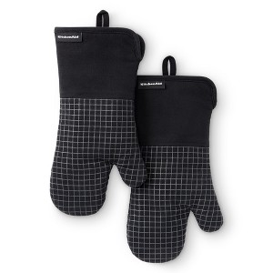 KITCHENAID Gourmet Series Gridlines Oven Mitts 2-Pack Set, Heat Resistant up to 600°F, Soft Silicone Grip, Magnetic Cuff, Matte Black, 7"x14" - 1 of 4