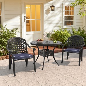 3-Piece Cast Aluminum Outdoor Dining Set with Blue Cushions, Round Table & Stackable Chairs - for Patio, Backyard - 1 of 4