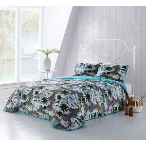 Geneva Home Fashion 3pc Queen Bali House Havana Tropical Quilt & Sham Set White/Green/Black: Microfiber, Reversible Design - 1 of 2