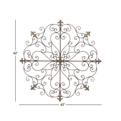 Brown Metal Scrollwork Fleur De Lis Wall Sculpture