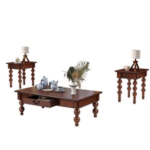 TiramisuBest Vintage Solid Wood Coffee Table Set of 3, Coffee Table & 2 End Side Tables with Storage,Natural - 1 of 4