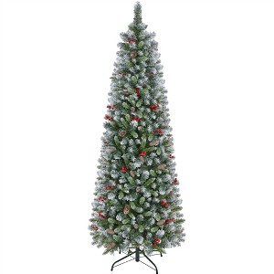 Yaheetech 6Ft/7.5Ft Pre-lit Frosted Artificial Christmas Tree with Stand, Green - 1 of 4