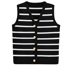 Women's Sleeveless Knit Striped Sweater Vests V Neck Button Front Going Out Tops Summer Slim Fit Blouse Tee Shirt - 1 of 3