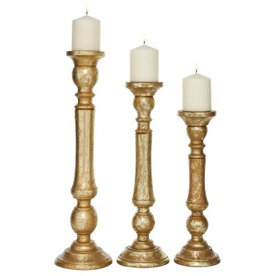 Set of 3 Traditional Metal/Wood Turned Column Candle Holders Gold - Olivia & May