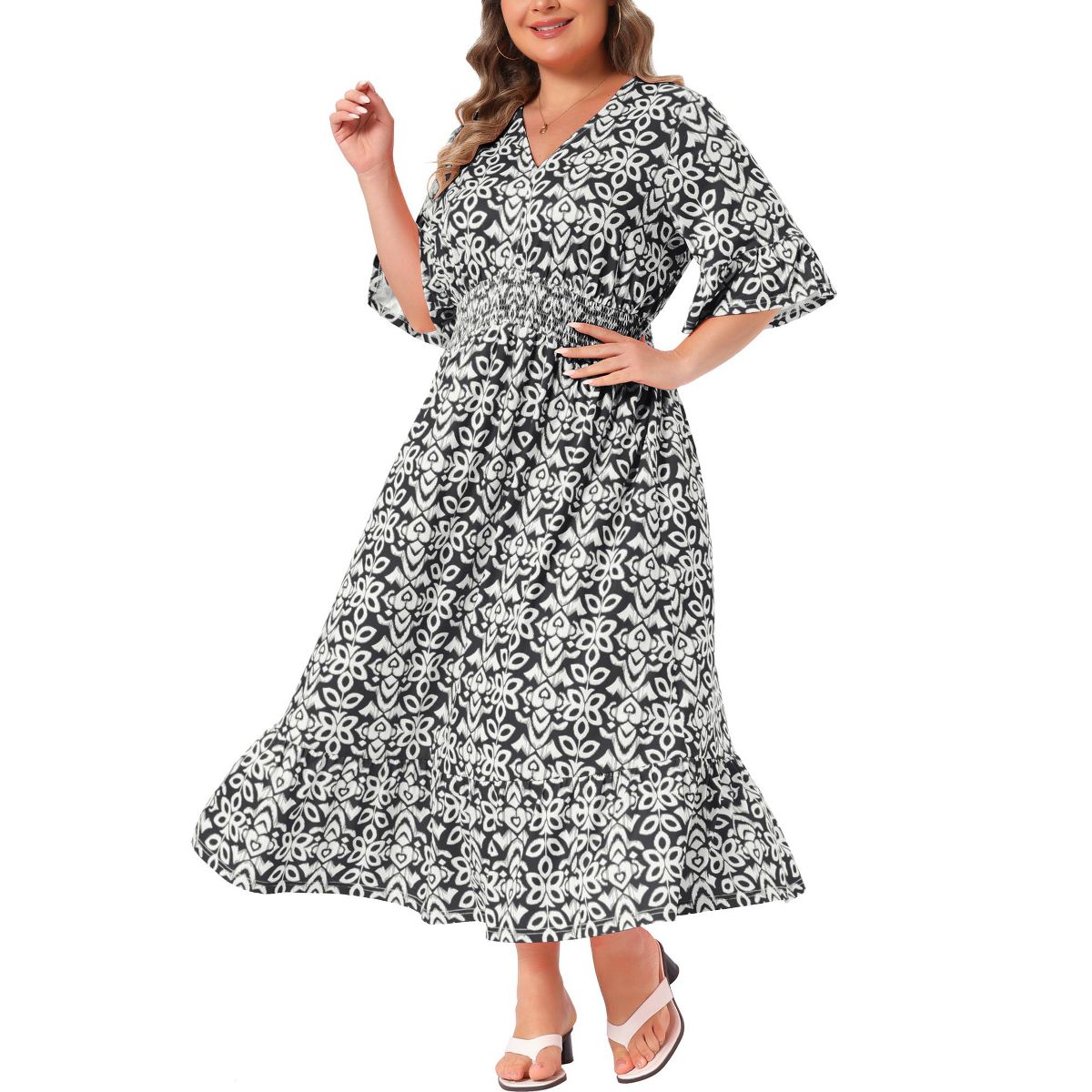 Women's Plus Size Boho Floral Bell Sleeve Ruffled Hem V Neck A Line Maxi Dresses - Agnes Orinda