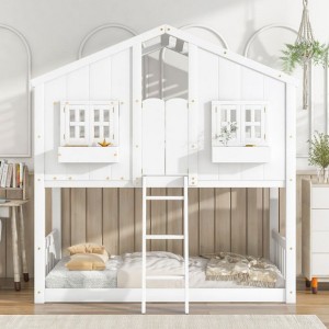Twin Over Twin House Bunk Bed With Roof, Ladder, Safety Guardrail, Door, Window, Twin Bunk Bed Frame, Wooden Bed Frame For Kids Teens - 1 of 4