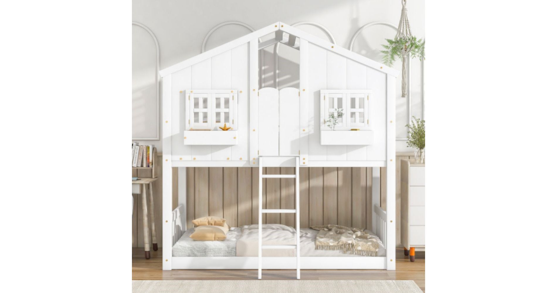 Twin Over Twin House Bunk Bed With Roof, Ladder, Safety Guardrail, Door, Window, Twin Bunk Bed Frame, Wooden Bed Frame For Kids Teens