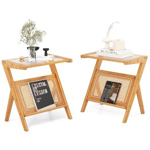 Tangkula 2 Pieces Boho End Table with Magazine Rack Versatile Bamboo Bedside Table w/ Rattan Shelf Natural - 1 of 4