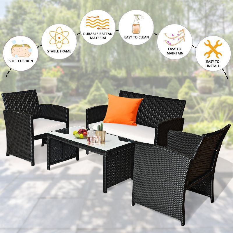 Tangkula 4 Piece Outdoor Patio Rattan Furniture Set Black Wicker Cushioned Seat For Garden, porch, Lawn, 5 of 9