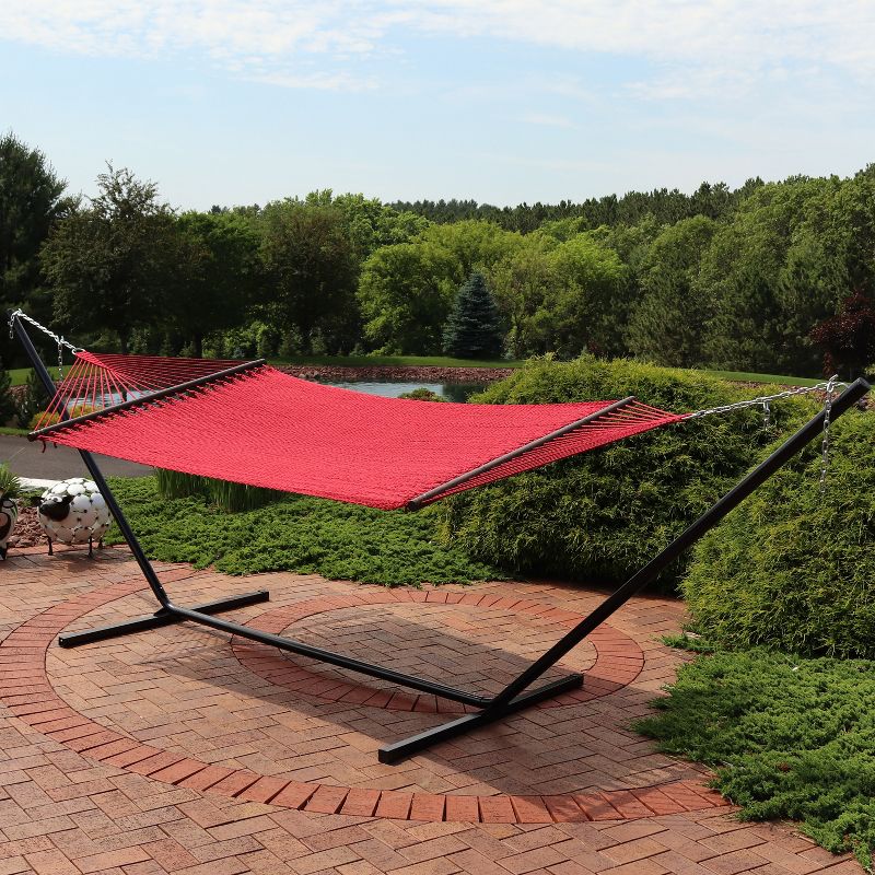 Sunnydaze Outdoor 2-Person Double Polyester Rope Hammock with Wood Spreader Bar and 15ft Black Steel Stand, 3 of 13