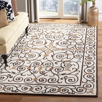 Ivory and Dark Brown Hand-Hooked Wool Area Rug