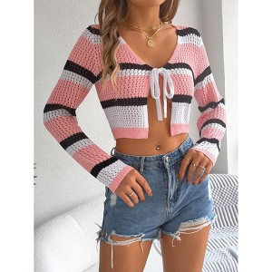 Women's Tie Front Long Sleeve Rib Knit Shrug Sweaters Cardigan Crop Top - 1 of 4