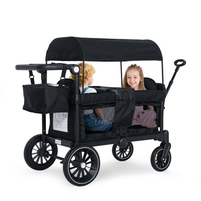 Kinder King 2-Seat Wagon Stroller, All-Terrain Foldable Stroller Wagon for Toddlers with Canopy, Snack Tray & Push/Pull Bar