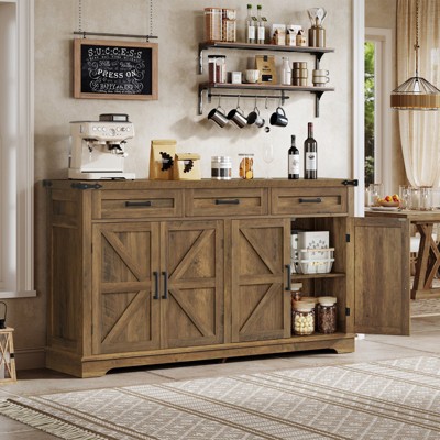 USIKEY 55" Buffet Cabinet With Storage, Large Sideboard Buffet Storage Cabinet With 3 Drawers, Farmhouse Coffee Bar Cabinet, For Kitchen, Living Room