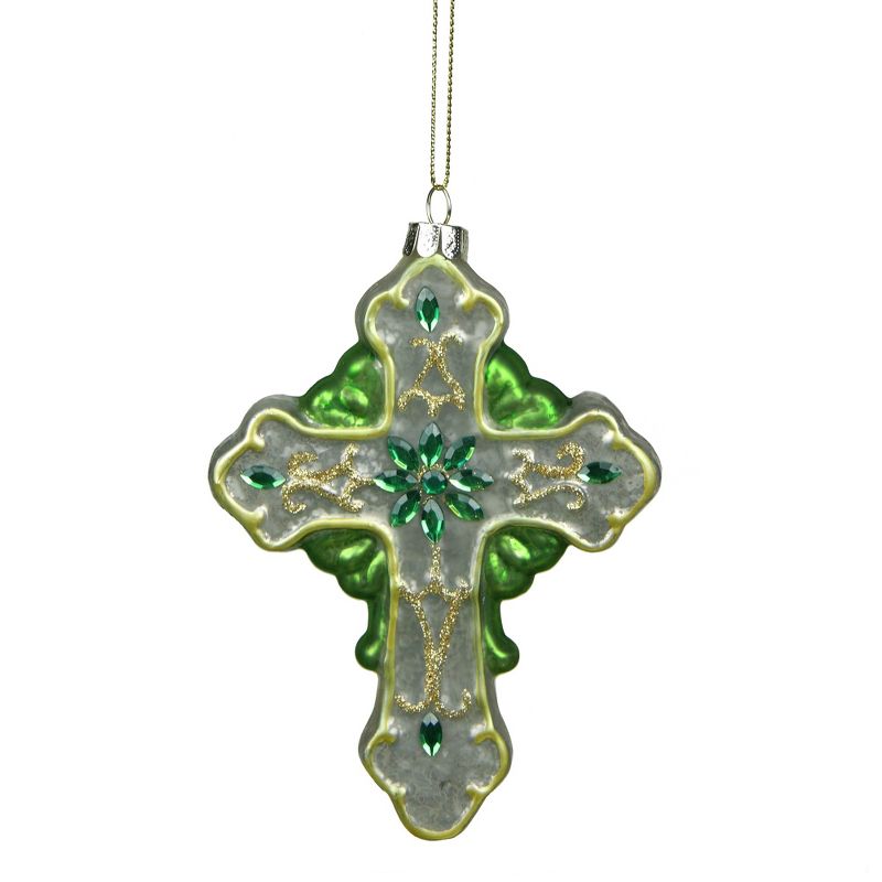 NORTHLIGHT 5" Luck of the Irish Mercury Finish Cross Glass Christmas Ornament - Green/White, 1 of 7