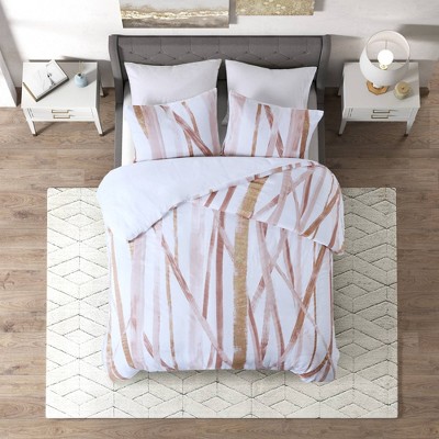 3pc Full/Queen Jorja Cotton Mettalic Printed Duvet Cover Set Blush/Gold - CosmoLiving by Cosmopolitan