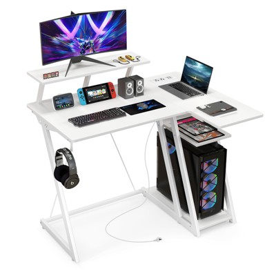 Tangkula Computer Desk w/ Built-in Charge Station Metal Frame Gaming Desk w/ Monitor Shelf Modern Writing Desk Workstation Table for Office Room Black/White/Pink