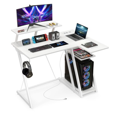 Tangkula Computer Desk w/ Built-in Charge Station Metal Frame Gaming Desk w/ Monitor Shelf Modern Writing Desk Workstation Table for Office Room White