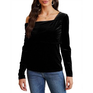 Coolmee Women's Sexy One Off The Shoulder Tops Asymmetrical Neck Clothes Long Sleeve Velvet Shirt Slim Going Out Top - 1 of 4