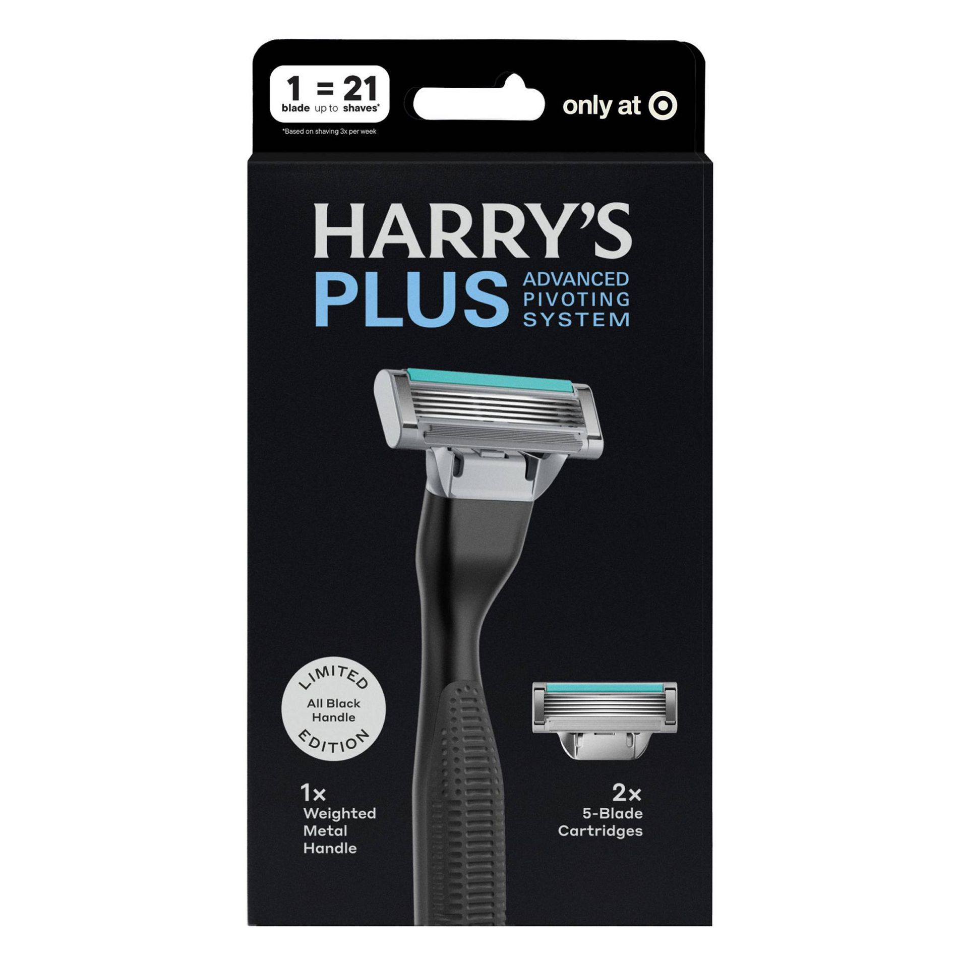 Harry's Plus Men's Razor Handle with 2 Razor Blade Cartridges - All Black