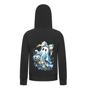 Everyday Kids “Coquette Ghost” Halloween Zip Up Hoodie – Cute Floral Bow Ghost with Pumpkin Lantern – Cozy Fall Sweatshirt for Girls, Black - 1 of 3