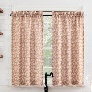 No. 918 2pc 54"x36" Mistral Floral Print Semi-Sheer Rod Pocket Kitchen Curtain Tier Pair Terracotta - 1 of 4