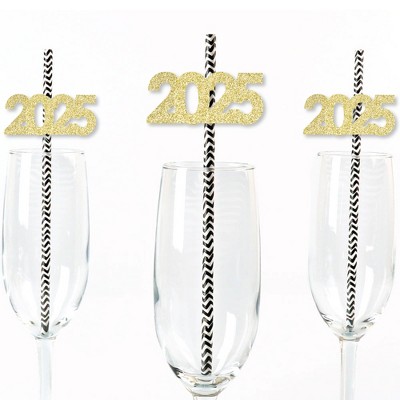 Big Dot of Happiness Gold Glitter 2025 Party Straws - No-Mess Real Gold Glitter Cut-Out Numbers New Year's Eve Party Paper Straws - Set of 24