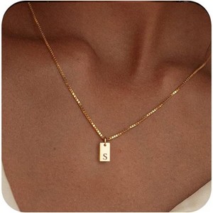 Personalized Initial Necklace: 14K Gold Plated Dainty Letter Name Pendant for Women, Custom Tag Jewelry - 1 of 4