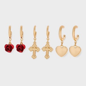 Heart Rose Gothic Cross Earring Set 3 pc - Wild Fable™ Gold - 1 of 3