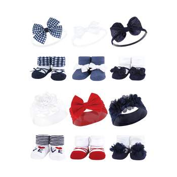 Hudson Baby Infant Girl 12Pc Headband and Socks Giftset, Navy Red Navy Gingham, One Size