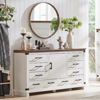 SinCiDo Farmhouse 8 Drawer Bedroom Dresser w/Adjustable Shelf, Thick Plank Design, Wood Closet Dresser for Bedroom, Living Room