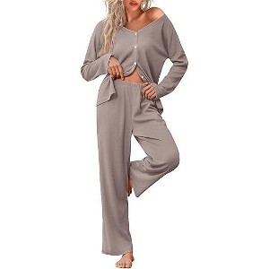 Ekouaer Womens Waffle Knit Pajamas Loungewear Two-piece Sleepwear Button-Down Pj Set with Pockets - 1 of 2
