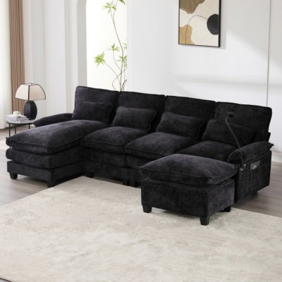 106" Chenille Modular Sectional Sofa with Chaise Lounge and Ottoman, U-Shaped Sleeper Cloud Couch for Living Room or Apartment–The Pop Home