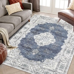 Bohemian Vintage Style Rug, Washable Low Pile Rug with Rubber Backing, Floral Floor Rug for Bedroom, Living Room, Home Office, Game Room - 1 of 4