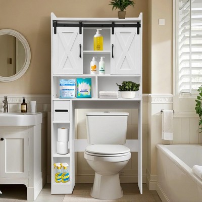 CuisinSmart Over The Toilet Storage Cabinet, Bathroom Storage Organizer with Barn Doors and Adjustable Shelves, Space-Saving Toilet Rack,White