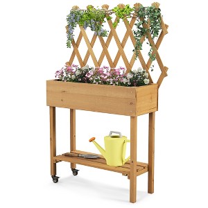 Costway Wood Raised Garden Bed with Trellis Storage Shelf Wheels Liner Drainage Holes - 1 of 4