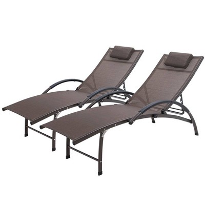 2pc Outdoor Aluminum Adjustable Reclining Chaise Lounge Chairs with Pillows - Brown - Crestlive Products