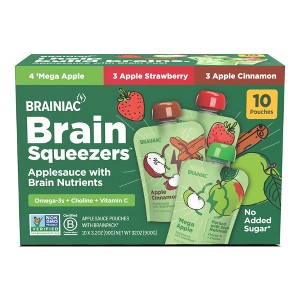 Brainiac Kids Brain Squeezers Applesauce Pouches with Omega-3s Variety Pack Apple, Strawberry and Cinnamon - 3.2oz/10ct - 1 of 4