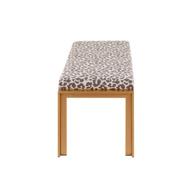 46" Beige Leopard Fabric Gold Metal Bench