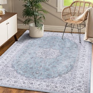 Washable Rugs 8x10 Non-Slip - Floral Medallion Vintage Area Rug? Machine Washable Blue Retro Rug - 1 of 4