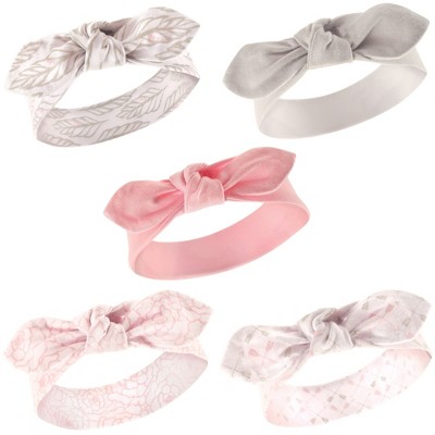 Hudson Baby Infant Girl Cotton Headbands 5pk, Gray Feather, 0-24 Months